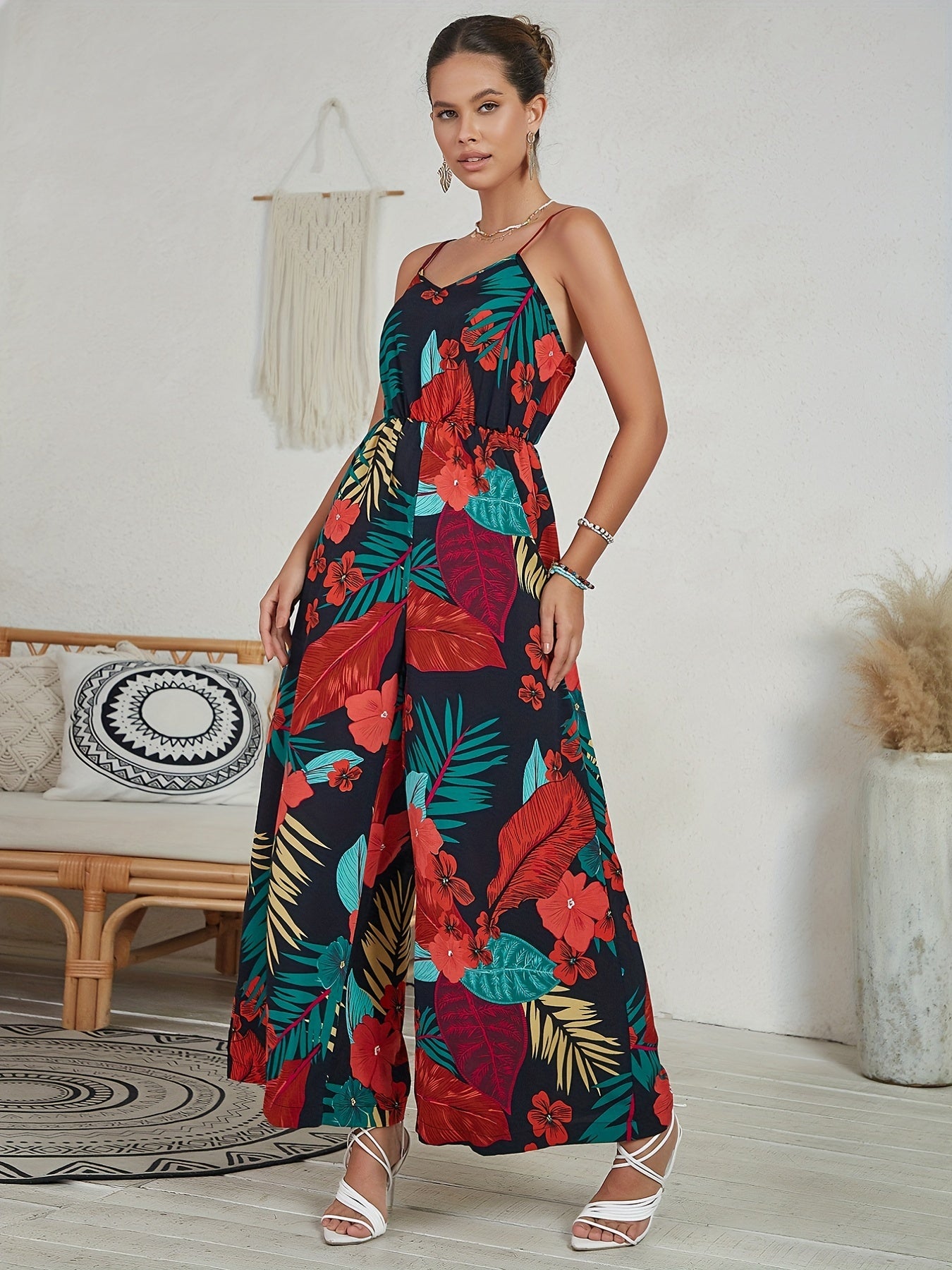 Tropical Print Spaghetti Jumpsuit Boho Wide Leg Sleeveless Summer Jumpsuit