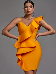 Women's Ruffle Trim Asymmetric Dress V Neck Sleeveless Party Banquet Clothing