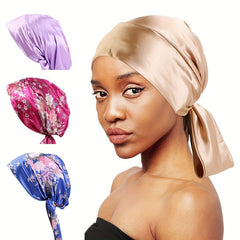 Soft Lace Up Satin Turban Cap Floral Head Wraps Women Ramadan Beanie Bonnet