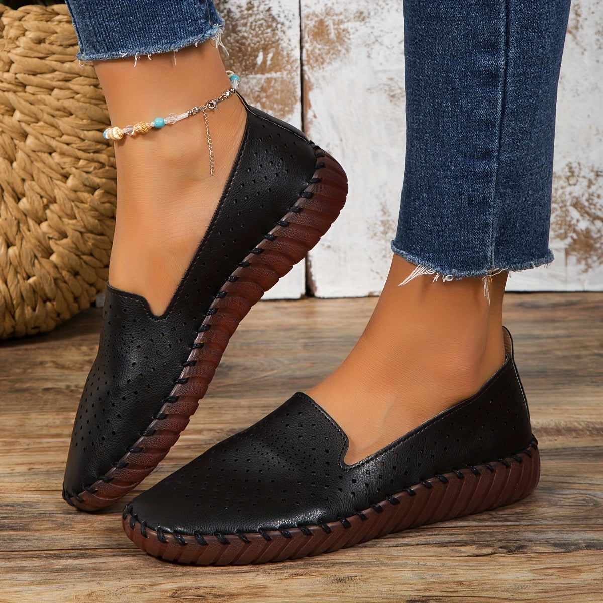 Women's Hollow Solid Loafers Slip on Shoes Lightweight Casual