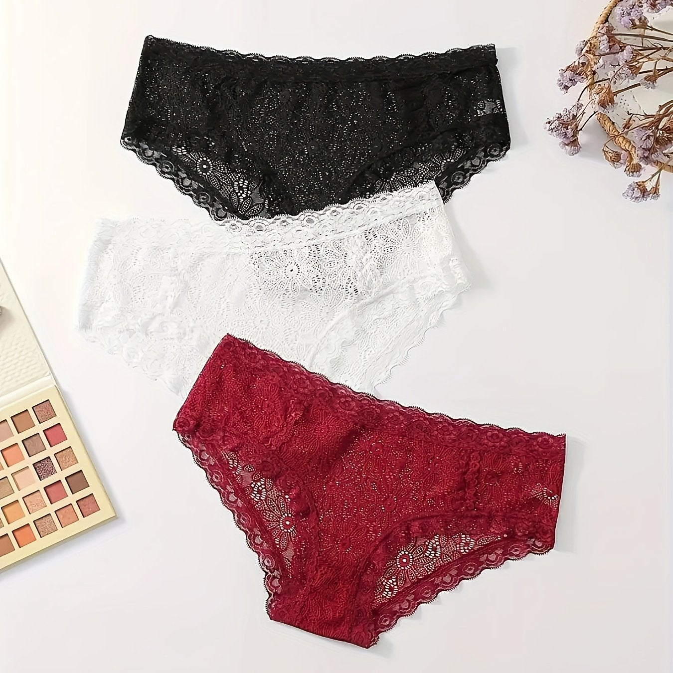 3pcs Lace Briefs Comfy Scallop Trim Panties Lingerie & Underwear