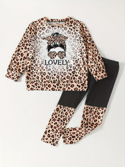 Girl's Leopard Pattern 2pcs Outfit Sweatshirt & Leggings Set
