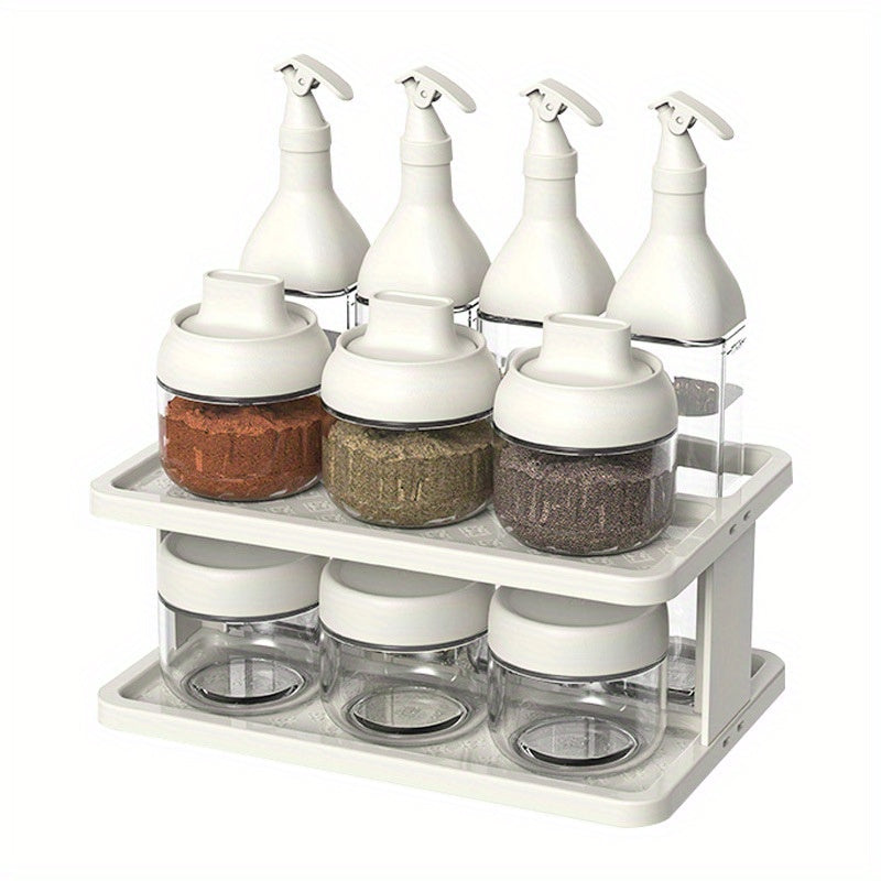 11pcs Spice Storage Jar Set with Rack and Labels Double Shelf for Sealed Seasoni