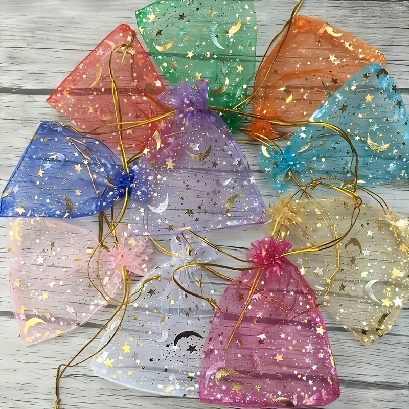 50pcs Moon Star Drawstring Organza Bag Jewelry Gift Bag, Mixed Colors