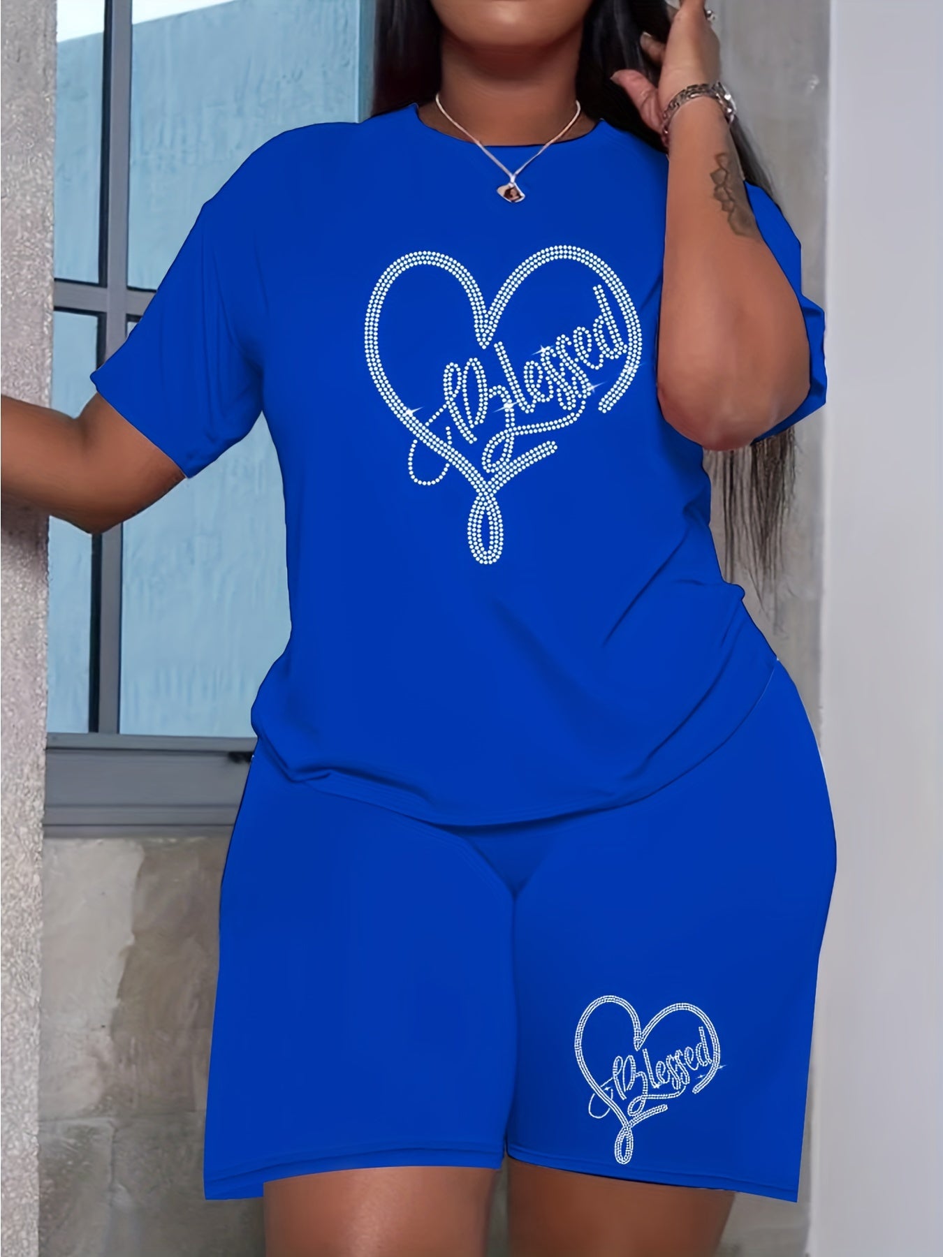 Women's Plus Rhinestone Letter Heart Tee & Shorts 2pcs Set