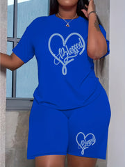 Women's Plus Rhinestone Letter Heart Tee & Shorts 2pcs Set