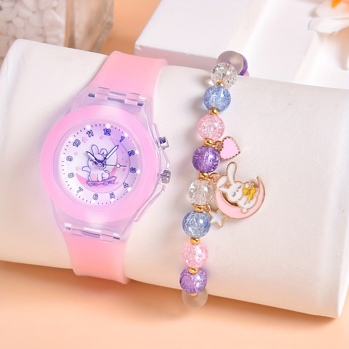Cartoon Moon Rabbit Silicone Strap Girls Watch Set
