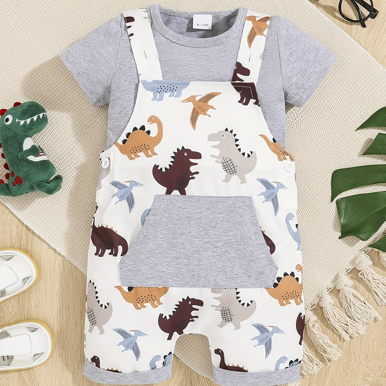 2pc Baby Boys T-shirt & Dino Print Overalls Set