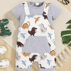 2pc Baby Boys T-shirt & Dino Print Overalls Set