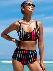 Women's Plus Colorful Striped Cutout High Waist Bikini Set