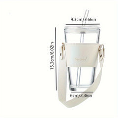 450ml Straw Glass Cup with Lids & Holder - Portable Water Cup