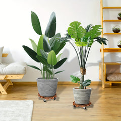Wooden Plant Caddy Stand w/ Wheels 35cm - Heavy Duty Round Dolly Rollers