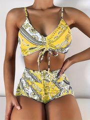 Print V Neck Bikini Sets Tie Front Boxer Short Bottoms Two Pieces Swimsuit