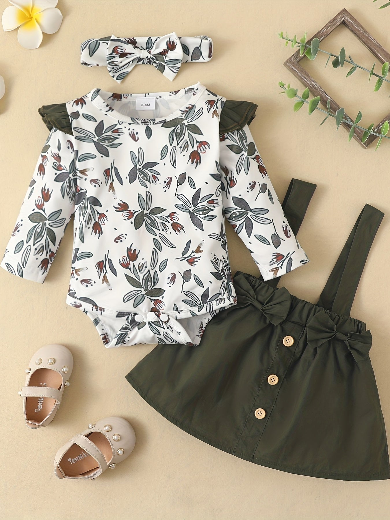 3PCS Baby Floral Print Romper & Suspender Dress Set