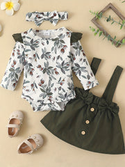 3PCS Baby Floral Print Romper & Suspender Dress Set