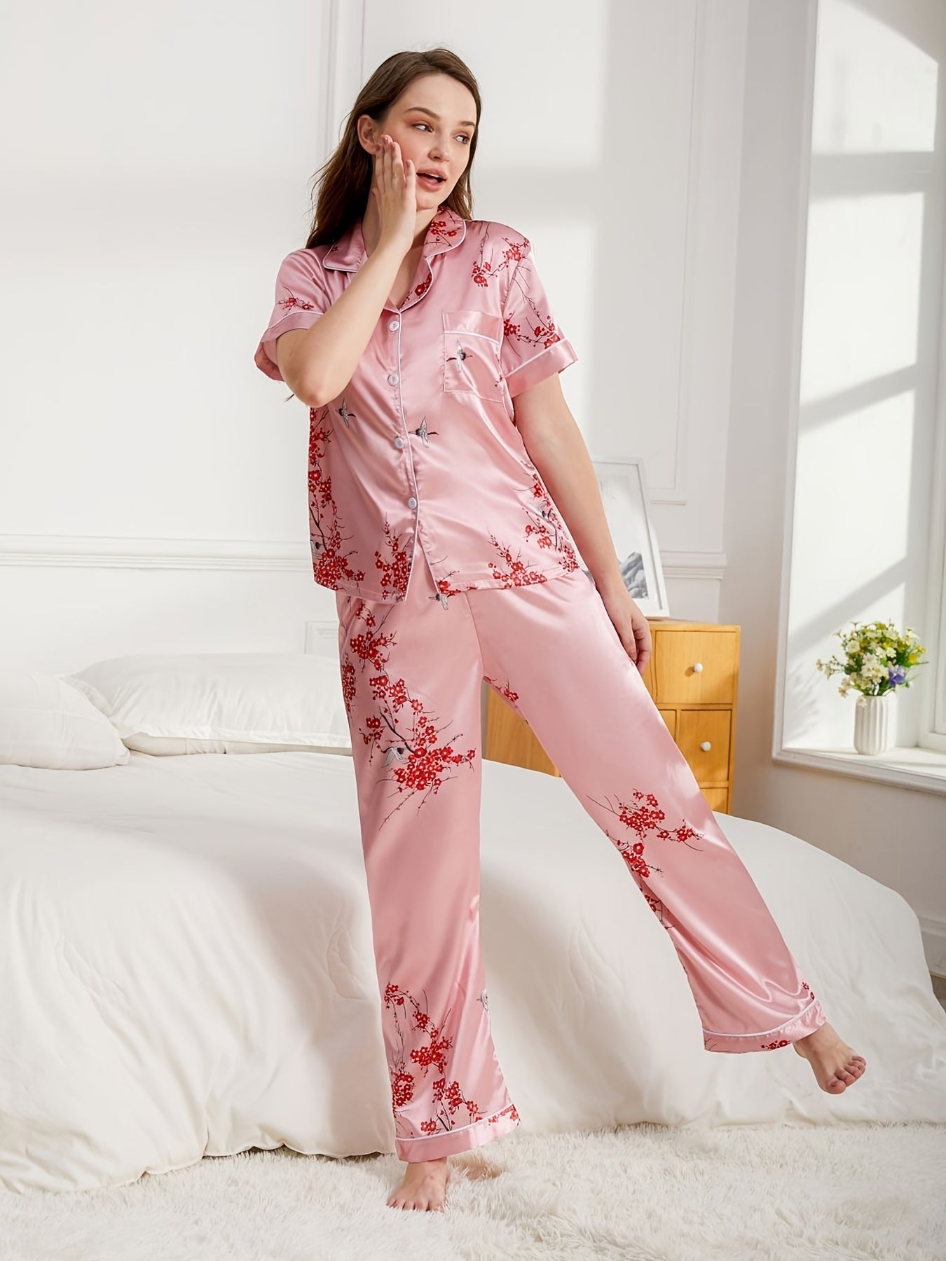 Floral Print Satin Pajama Set Short Sleeve Button Up Top & Pant