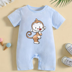 Monkey Cartoon Print Cotton Baby Jumpsuit Short Sleeved Newborn Onesie