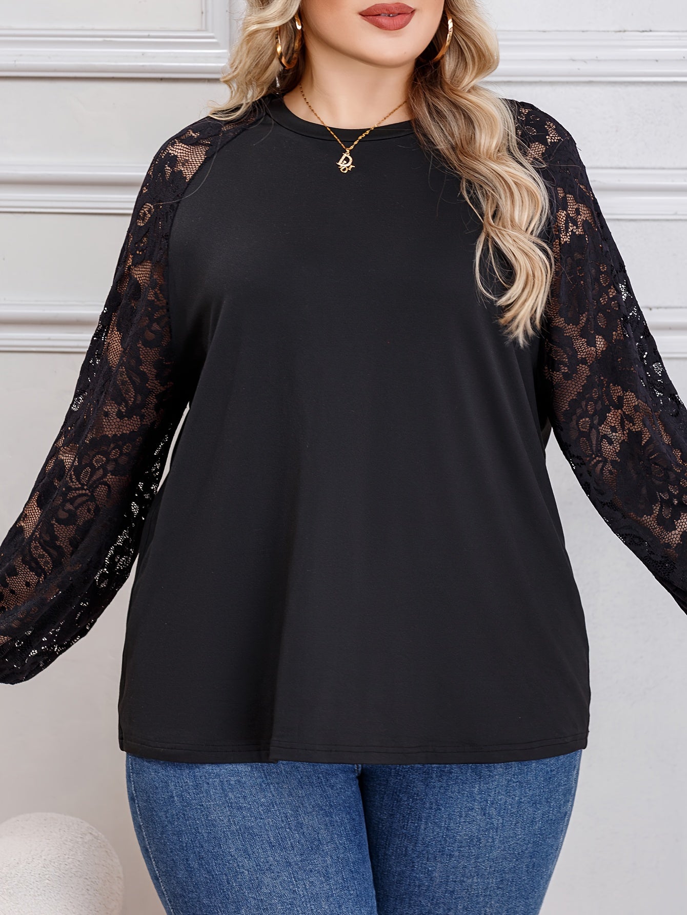 Casual Blouse Women's Plus Solid Contrast Lace Long Sleeve