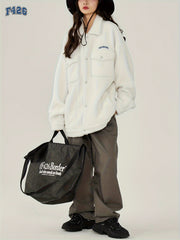 Letter Embroidery Lapel Jacket Teddy Coat for Women
