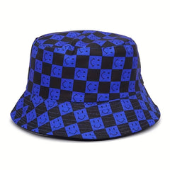 Double Sided Checkerboard Fisherman Hat Plaid Happy Fac