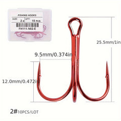 10pcs High Carbon Steel Treble Hooks Red Three claw Hooks Barbed Fishing Hooks