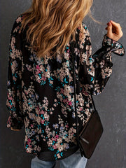 Floral Print Lantern Sleeve V Neck Tunic Top