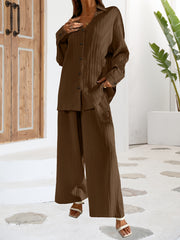 Solid Textured Two piece Set Button Front Long Sleeve Shirt & Wide Leg Pants