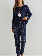 Snowflake Print Christmas Pajama Set Long Sleeve Top & Pants