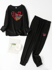 Heart Print Fleece Top & Joggers Pajamas Set, Plus Size