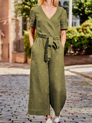 Solid Jumpsuit Casual Short Sleeve Wide Leg Jumpsuit