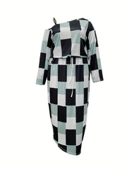 Women's Plus Geo Print One Shoulder Top & Skirt Set