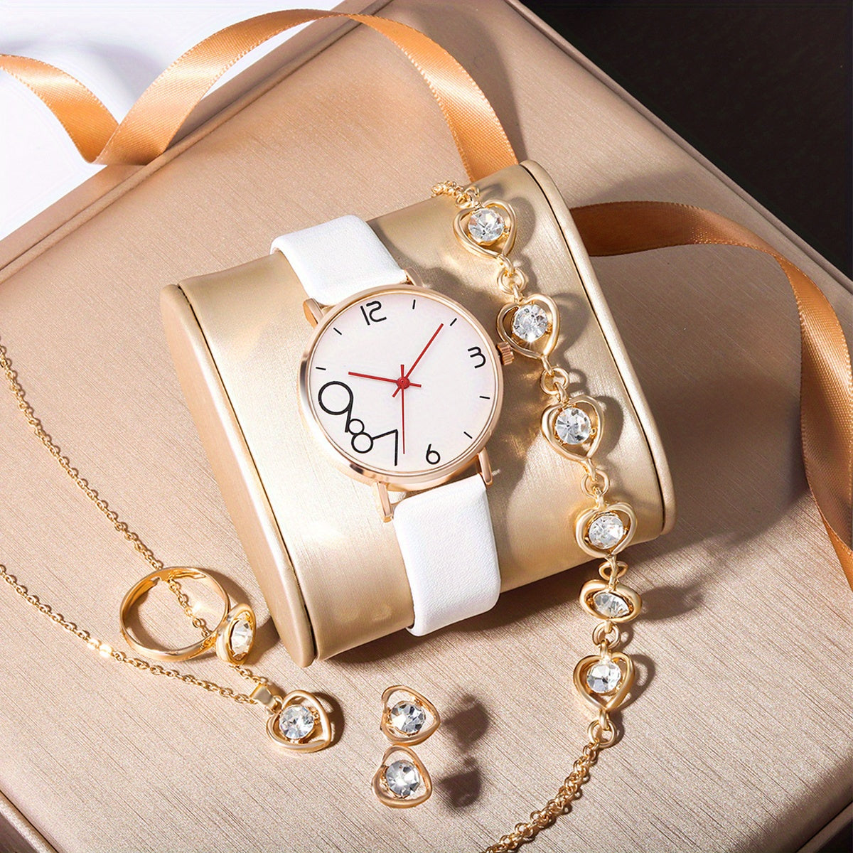 6pcs Fashionable Digital Leather Quartz Watch Set