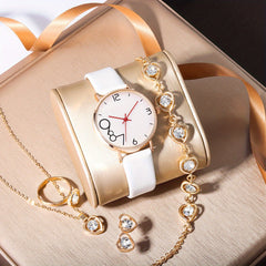 6pcs Fashionable Digital Leather Quartz Watch Set