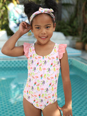 2pcs Toddler Girls Animal One Piece Swimsuit & Headband Set