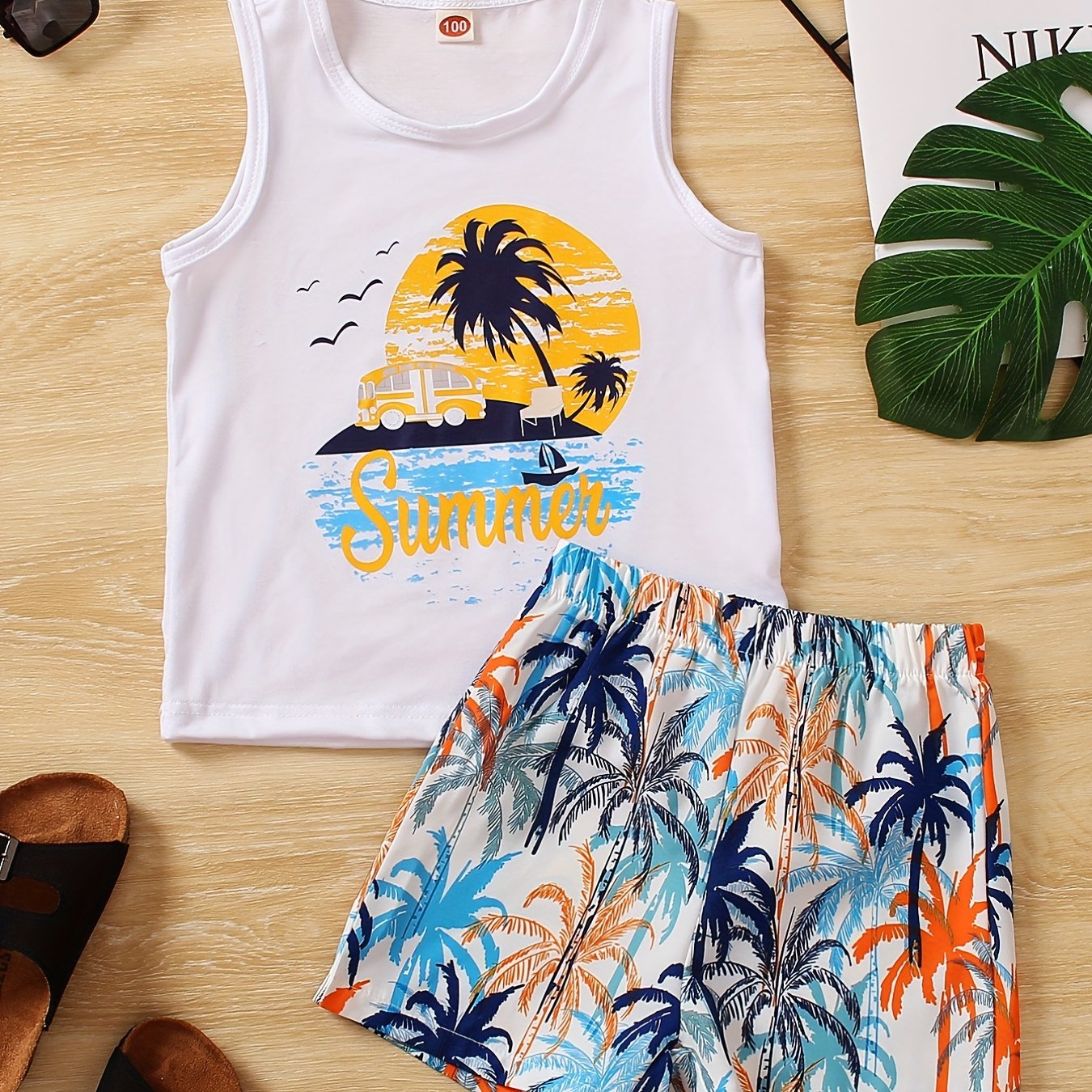 2pcs Summer Coconut Tree Boys Sleeveless Tank Tops&Shorts Set