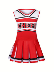 Girls Cheerleader Uniform Set V Neck Sleeveless Top Pleated Skirt Comfy Outfits