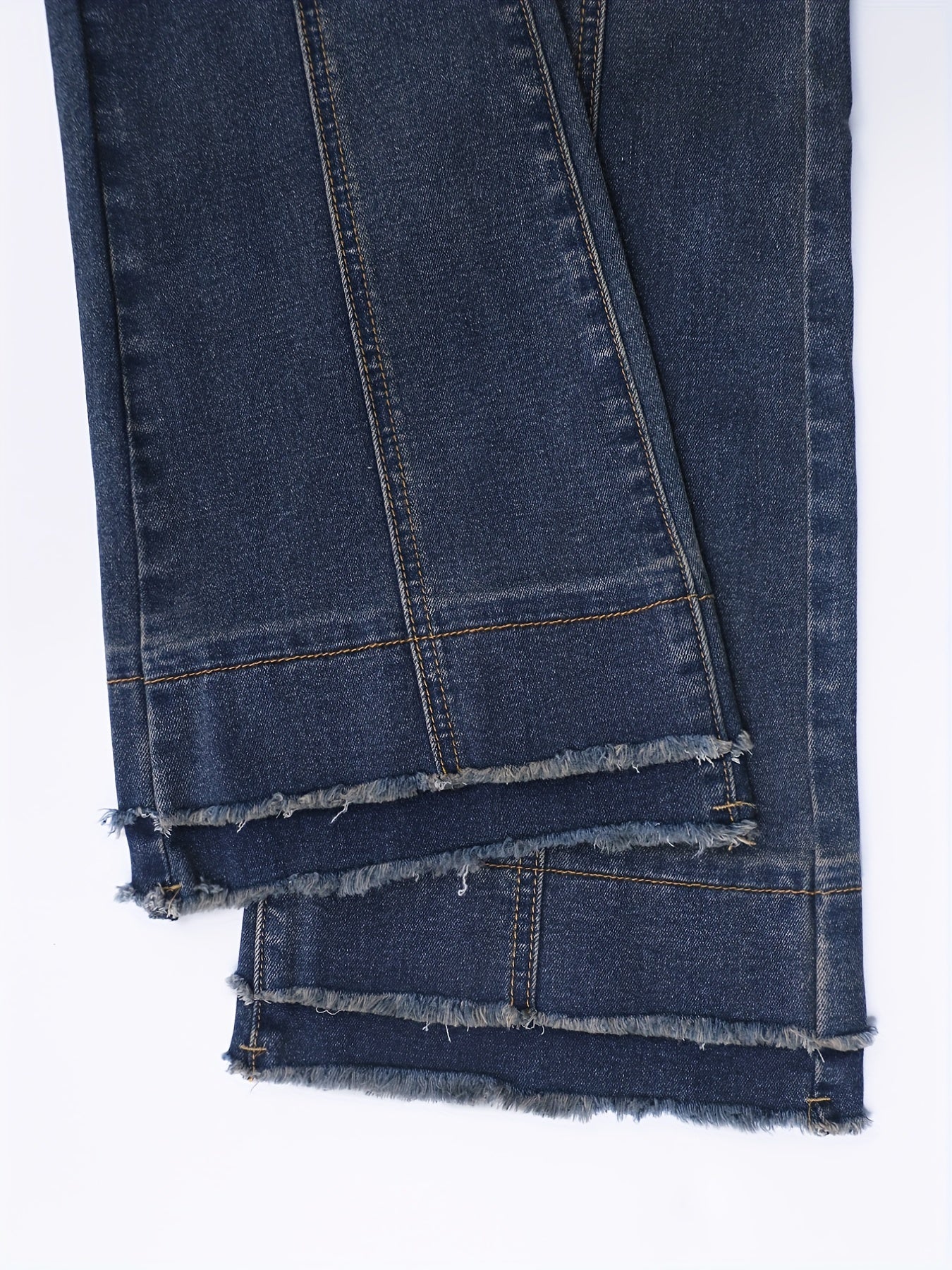 Frayed Trim Pintuck Jeans High Waist Slim Fit Flared Jeans