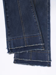 Frayed Trim Pintuck Jeans High Waist Slim Fit Flared Jeans