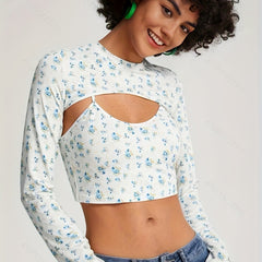 Floral Print Two piece Set Long Sleeve Crew Neck Tops & Bralette Set