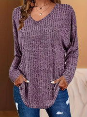 Casual Knit Top Women's Plus Solid Ribbed Long Sleeve V Neck Tunic Top