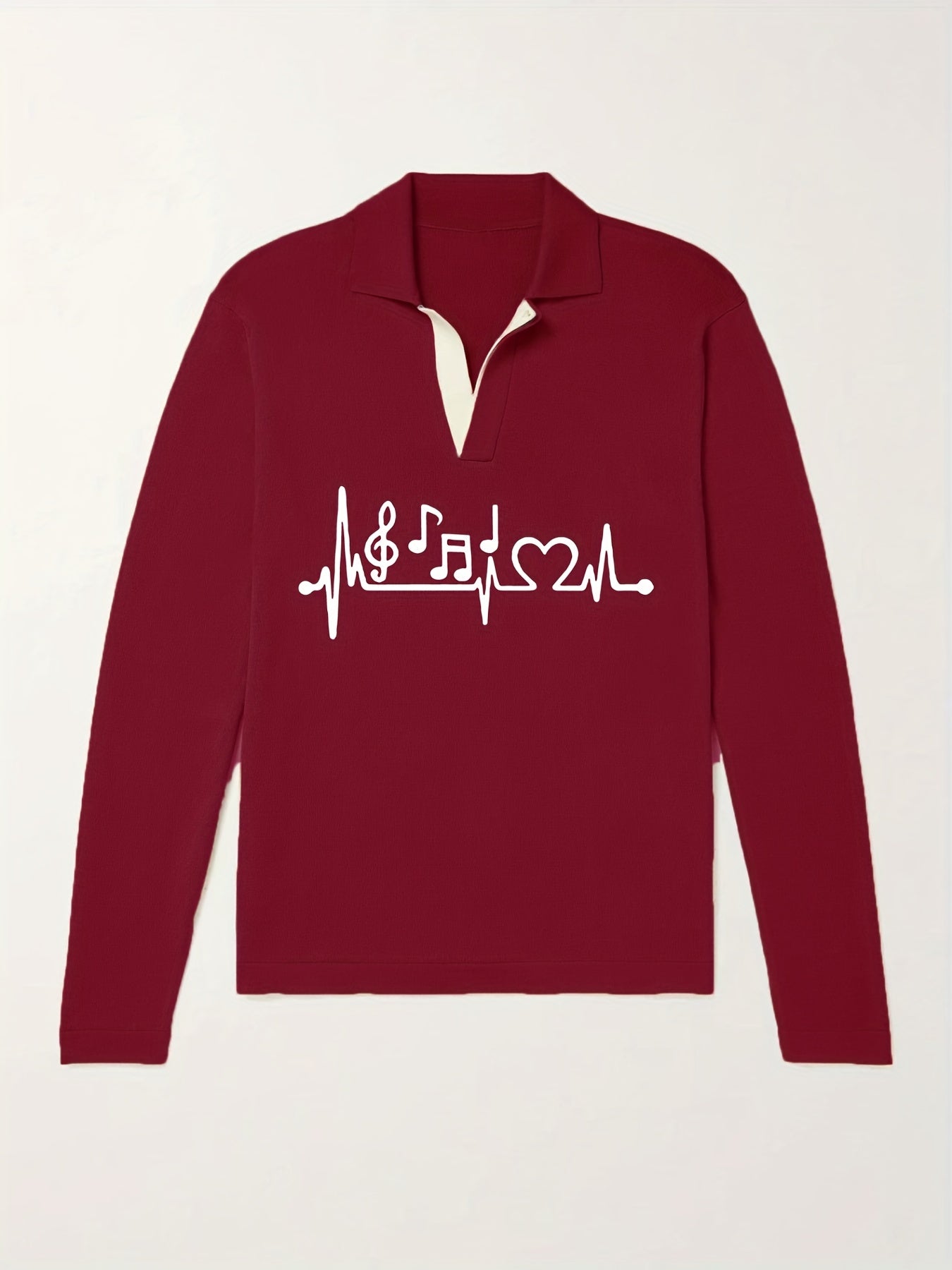 Music Note Pattern Knit Polo Shirt Men's Casual Lapel Pullover Sweater