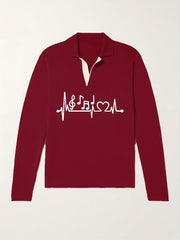 Music Note Pattern Knit Polo Shirt Men's Casual Lapel Pullover Sweater