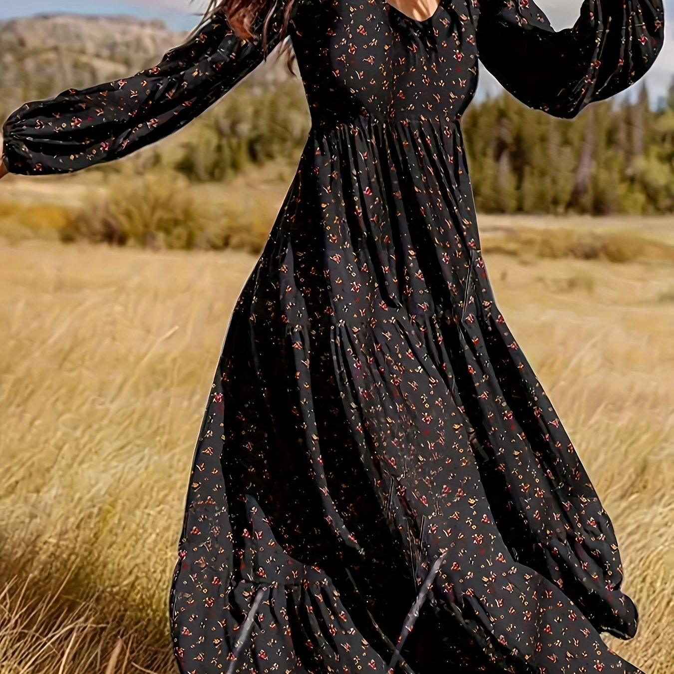 Ditsy Print Lantern Sleeve V Neck Maxi Smock Dress