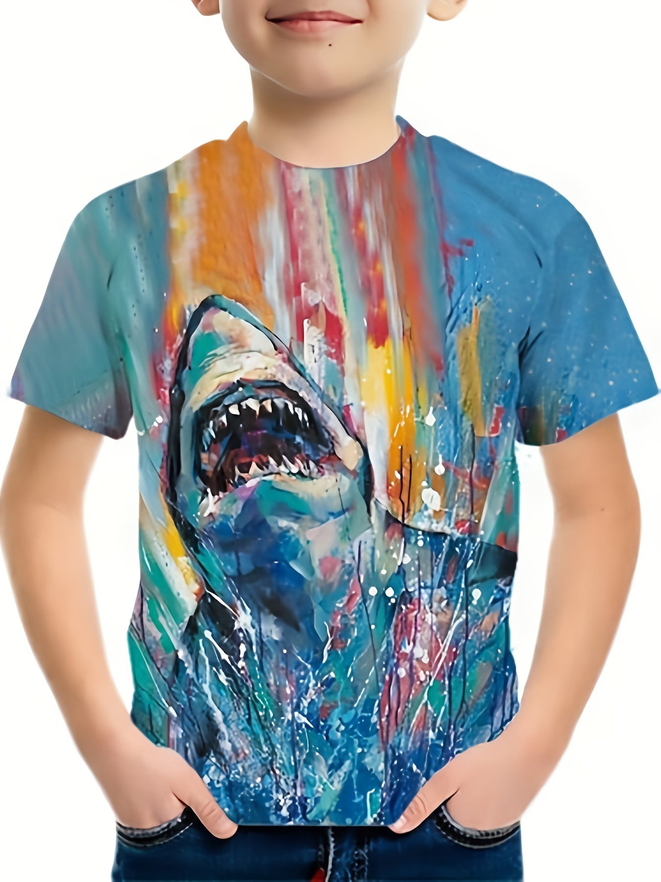Shark Painting Print Tee Tops Boys Round Neck Casual Short Sleeve Comfortable