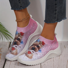 Cartoon Dog Print Rhinestone Mesh Running Shoes