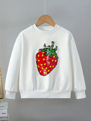 Strawberry Fleece Sweatshirt For Girls Round Neck Long Sleeve Top Pullovers