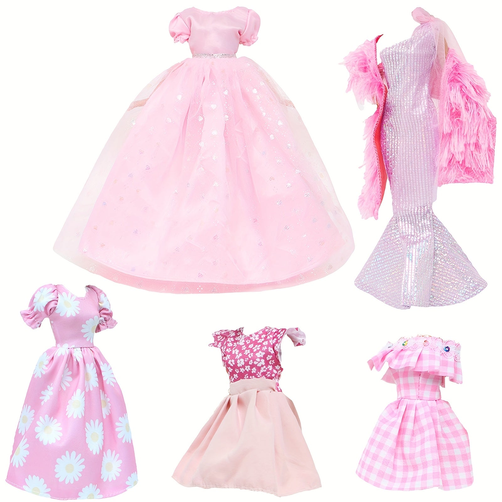 5pcs Pink Doll Clothes Set with Party Wedding Dress, Shawl Tinkerbell Gown