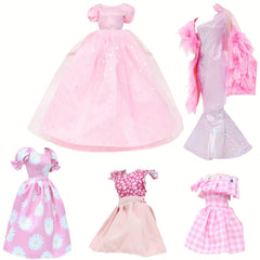 5pcs Pink Doll Clothes Set with Party Wedding Dress, Shawl Tinkerbell Gown