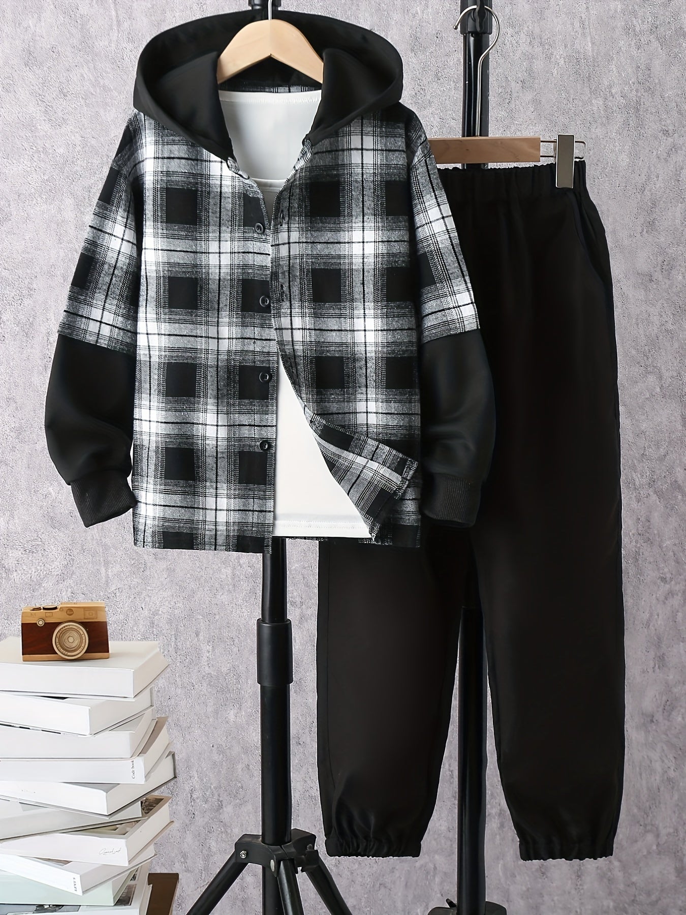 Boy's Hooded Shirt & Sweatpants Set Plaid Print Casual Outfits