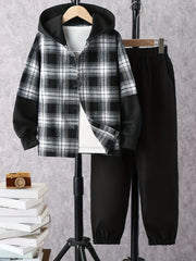 Boy's Hooded Shirt & Sweatpants Set Plaid Print Casual Outfits